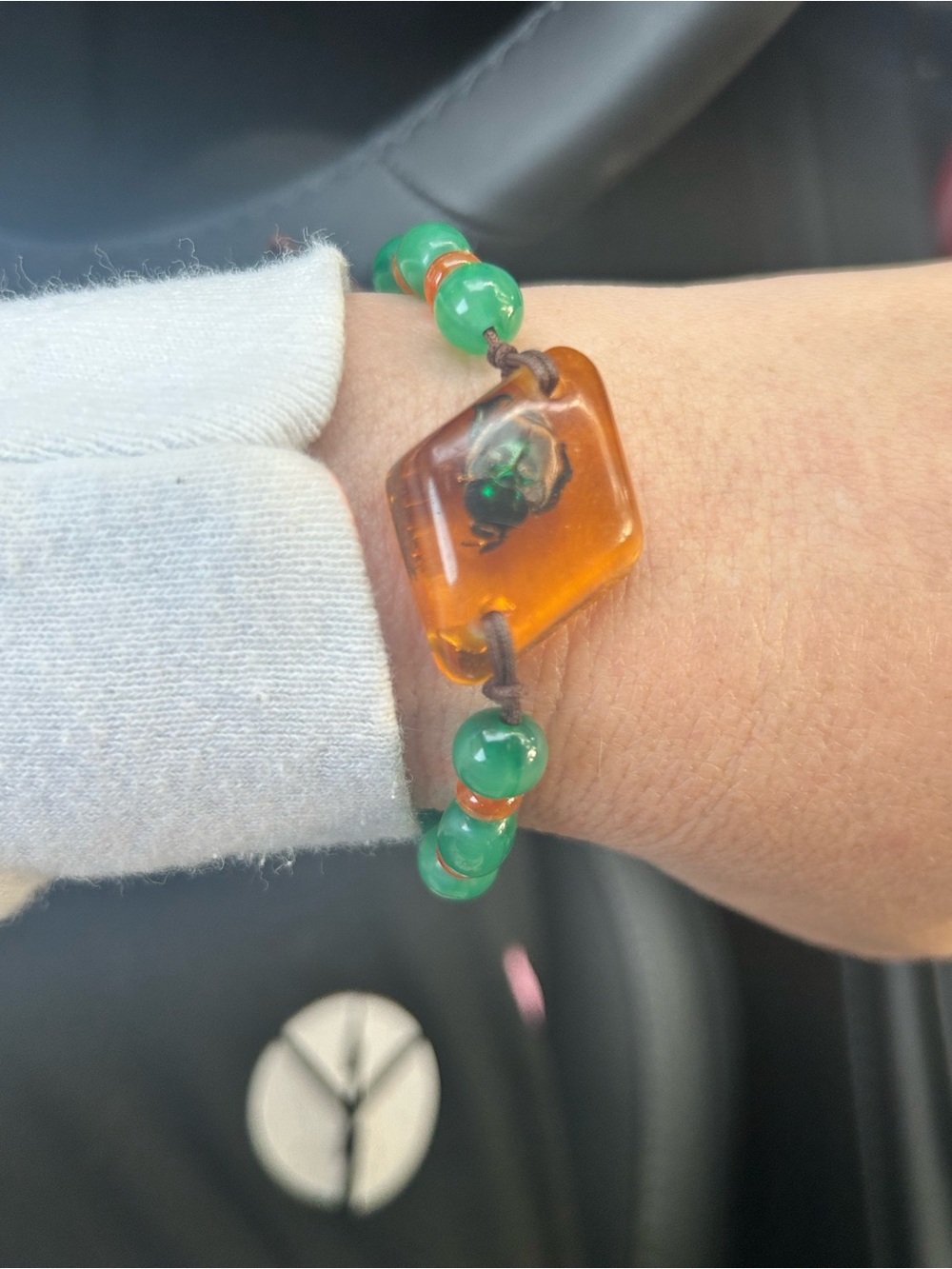 Vintage Real Scarab Beetle Beaded Adjustable Lucite/Resin Bracelet
